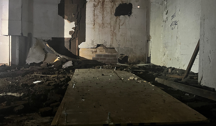 Scobey building interior with deteriorated