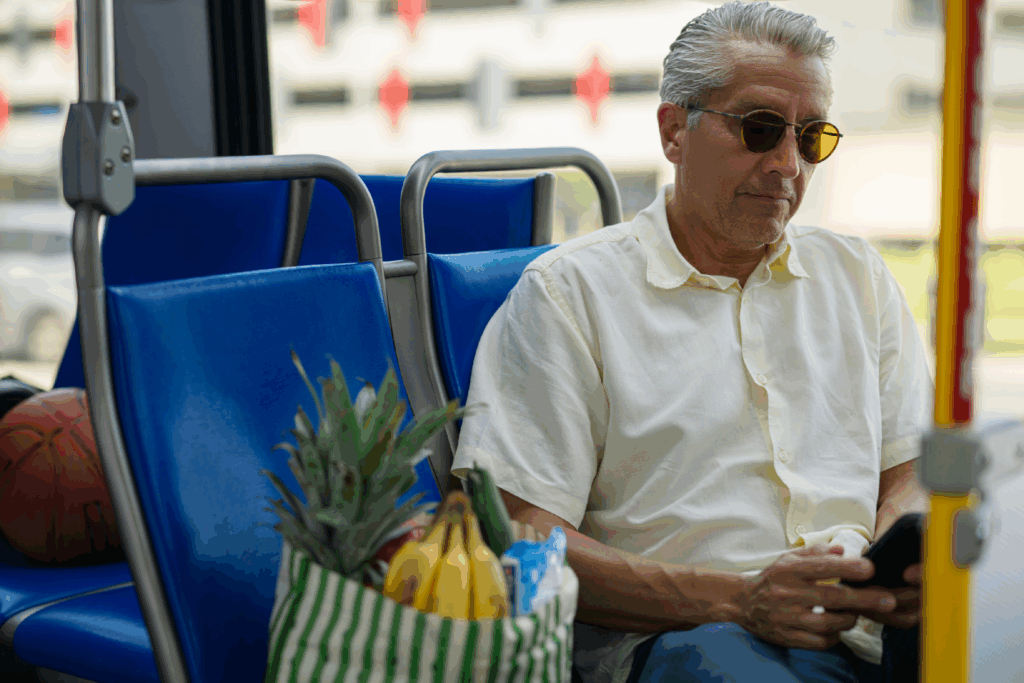 man on the bus with groceries